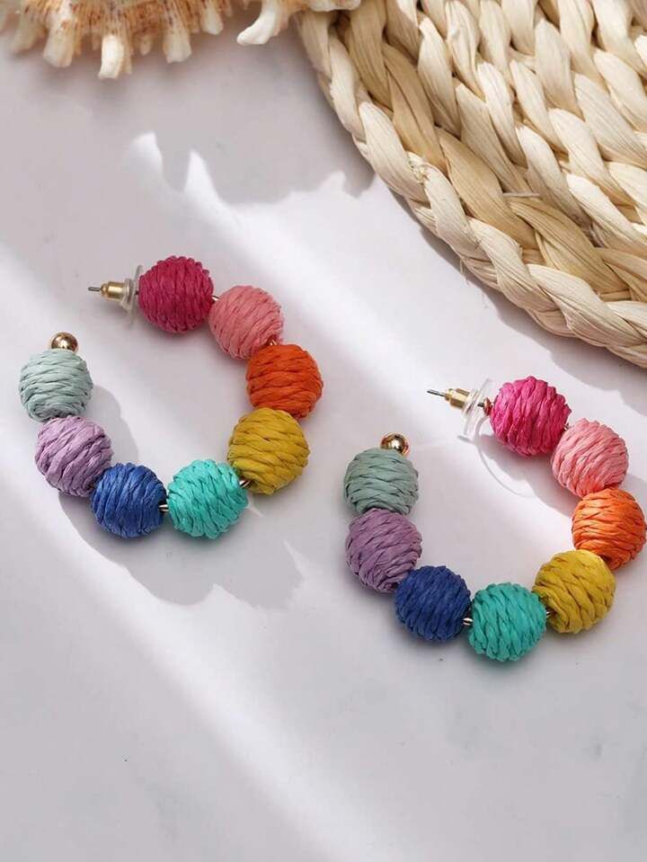 1Pair Boho Colorful Raffia Ball Hoop Drop Dangle Earrings for Women Teacher Bohemian Beach Vacati... | SHEIN
