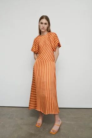 Satin Puff Sleeve Stripe Midi Dress | Warehouse UK & IE