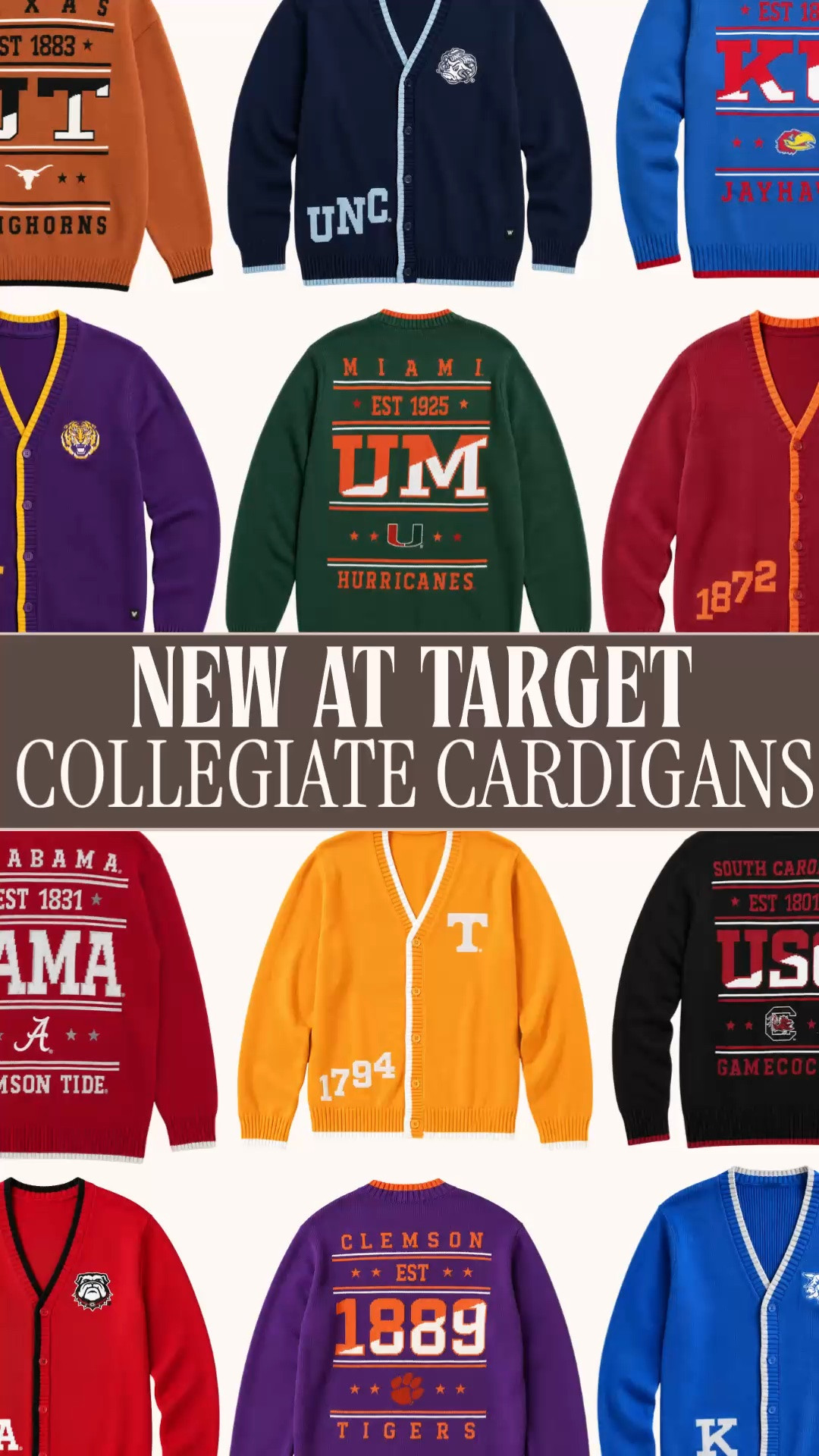 Target collegiate cardigan | college football outfit | game day sweater | 100% cotton cardigan

Target just gave college football fan gear the full preppy cardigan treatment, and I need everyone to look at the backs. These new Target collegiate cardigans combine rich school colors and vintage campus typography with embroidered team graphics across the chest, front hem and back.

They are made from a textured 100% cotton jacquard knit in a relaxed oversized fit. The V neckline, button front placket and contrast tipping along the neckline and cuffs create the classic varsity sweater look, while the school name, founding year, team lettering and mascot details give each cardigan its own identity. The oversized back embroidery is very much the main event.

Wear yours buttoned with dark wash jeans and loafers, open over a white tee with straight leg denim, or layered over a tennis skirt with sneakers. It works for college football games, tailgates, watch parties, alumni weekends, campus visits, parent weekend and casual Friday outfits during football season.

The 100% cotton construction, roomy fit and full front and back graphics make this a game day layer you can start wearing in late August and keep reaching for through cooler fall weekends. Your school spirit has officially entered its cardigan era.

Target college sweater, collegiate cardigan women, varsity cardigan, embroidered cardigan, college football fan gear, football game outfit women, tailgate outfit women, preppy fall outfit, school spirit wear, oversized cotton cardigan, fall outfits women

#LTKFindsUnder100 #PreppyStyle #TargetStyle #TargetFinds #GameDayOutfits #FootballGameOutfits #GameDayOutfit #BacktoSchoolOutfit

#LTKSeasonal #LTKWorkwear #LTKTravel