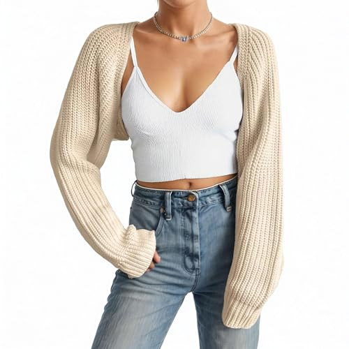 Women Open Front Ribbed Knit Crop Bolero Drop Shoulder Long Sleeve Solid Loose Fit Knitted Crop C... | Amazon (US)