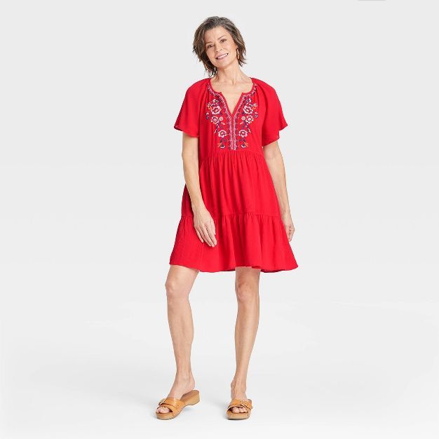 Women&#39;s Raglan Short Sleeve Embroidered Tiered A-Line Dress - Knox Rose&#8482; Red S | Target