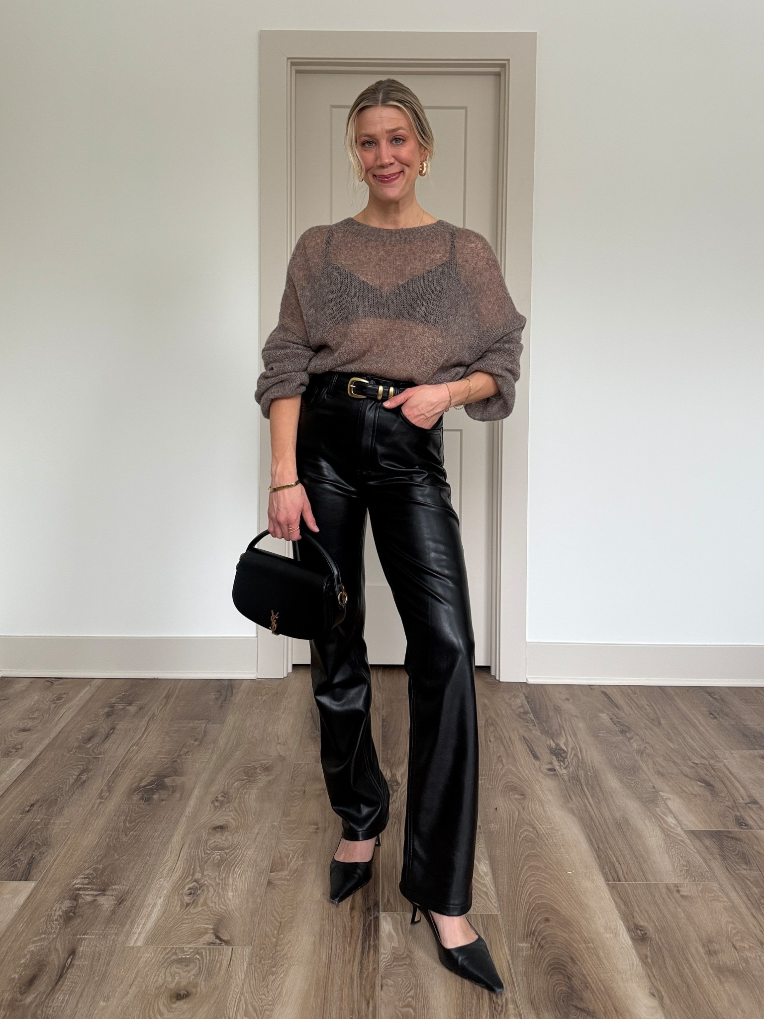 Wearing 26/regular leather pants, small belt, heels tts, unable to link exact sweater 

#LTKValentine #LTKOver40