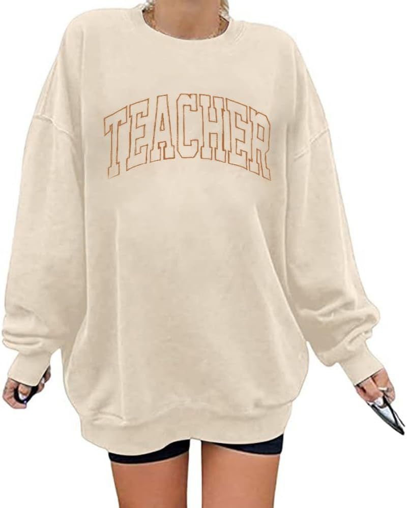 BANGELY Teacher Sweatshirt Women Oversized Retro Teach Crewneck Shirt Embroidery Teacher Life Pul... | Amazon (US)