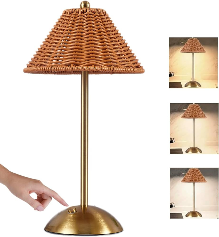 Boho Rattan Table Lamp, Wicker Desk Lamp Rechargeable Cordless Battery Lamp with 3-Color Dimmable... | Amazon (CA)