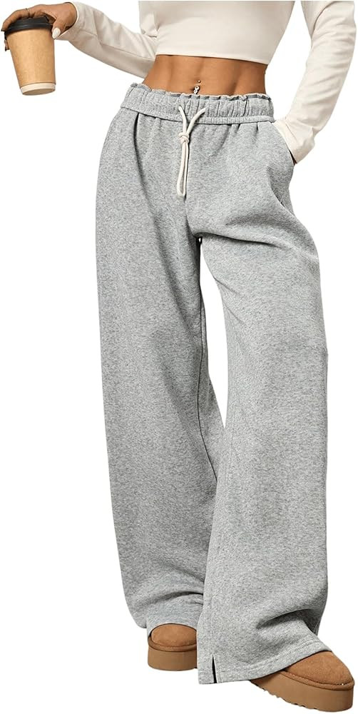 Women's Foldover Drawstring High Waisted Sweatpants Wide Leg Split Baggy Workout Trousers Pants | Amazon (US)