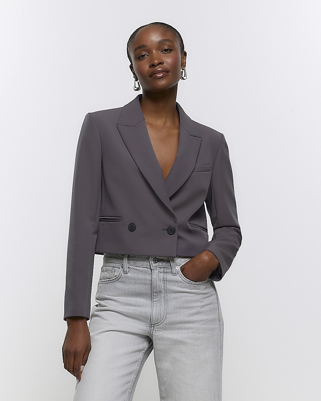 Grey structured crop blazer | River Island (UK & IE)
