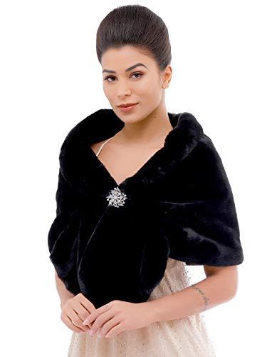 Aukmla Women's Wedding Fur Wraps and Shawls Bridal Fur Stoles Scarf with Rhinestones Brooch for Bride and Bridesmaids (Black, US 4-14 (S-M)) | Amazon (US)