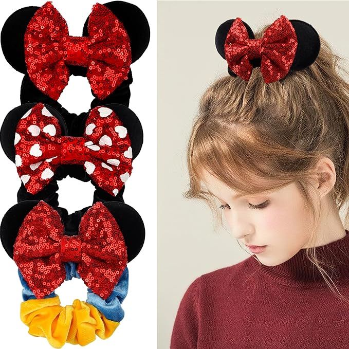 3 Pack Mickey Ears Mouse Scrunchies Sparkly Sequin Hair Bows Velvet Hair Scrunchy Hair Ties Elast... | Amazon (US)