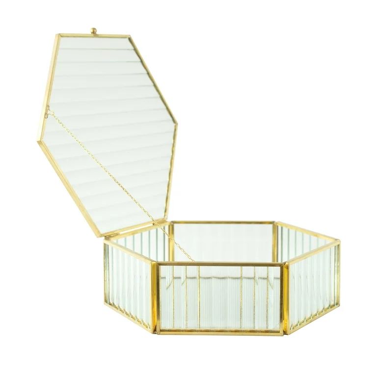 Hexagon Ribbed Clear Glass and Brass Hinged Top Jewelry Box - Walmart.com | Walmart (US)