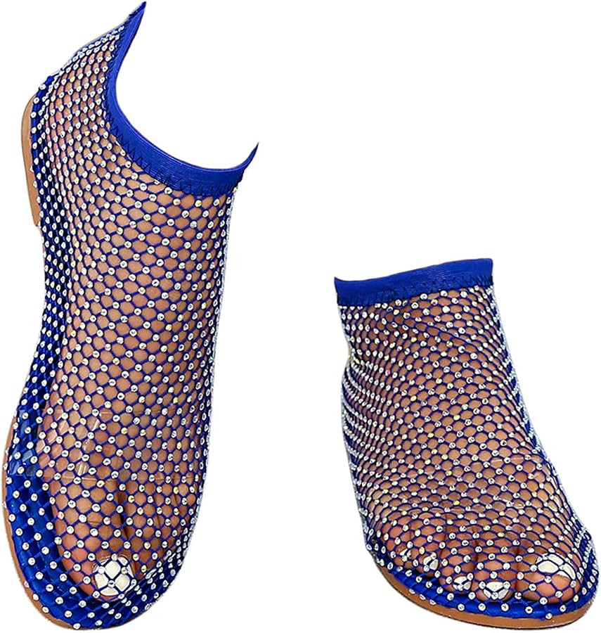 Ultra Comfortable Mesh Flats for Women Fishnet Sandals Low Heel Slip on Rhinestone Shoes | Amazon (US)
