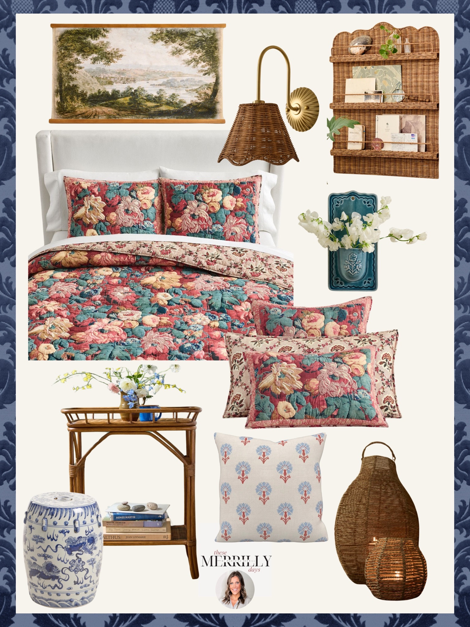 Bedroom decor refresh and design inspo! Thesemerrillydays magnolia home bedroom decor ideas home decor inspo wicker bar cart wicker wall sconce light wicker room accents floral bedding inspo 

#LTKHome #LTKdayinmylife #LTKselfcare