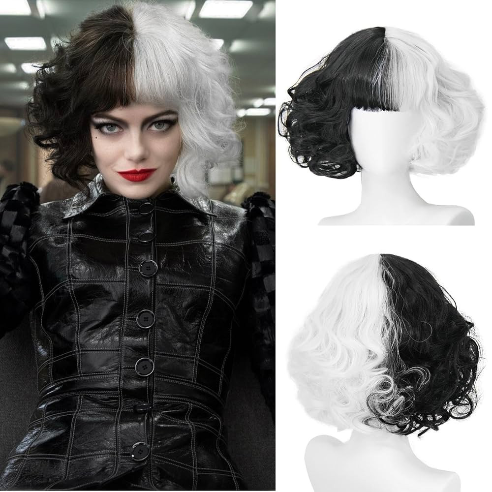Cruella Deville Costume Women Wig Black and White Short Curly Wig with Bangs for Halloween Party ... | Amazon (US)