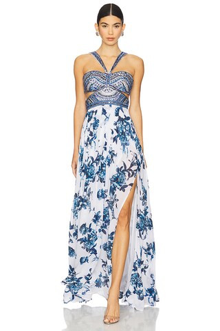 L'AGENCE Annistyn Gown in White & Blue Painterly Floral from Revolve.com | Revolve Clothing (Global)