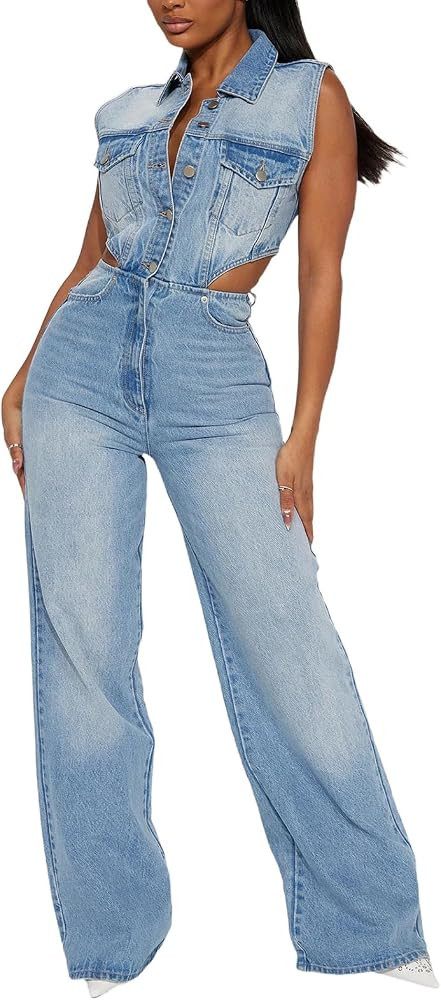 cffvdiz Denim Jumpsuit for Women Sexy Slim High Waist Sleeveless Button Wide Leg Rompers Bodysuit... | Amazon (US)