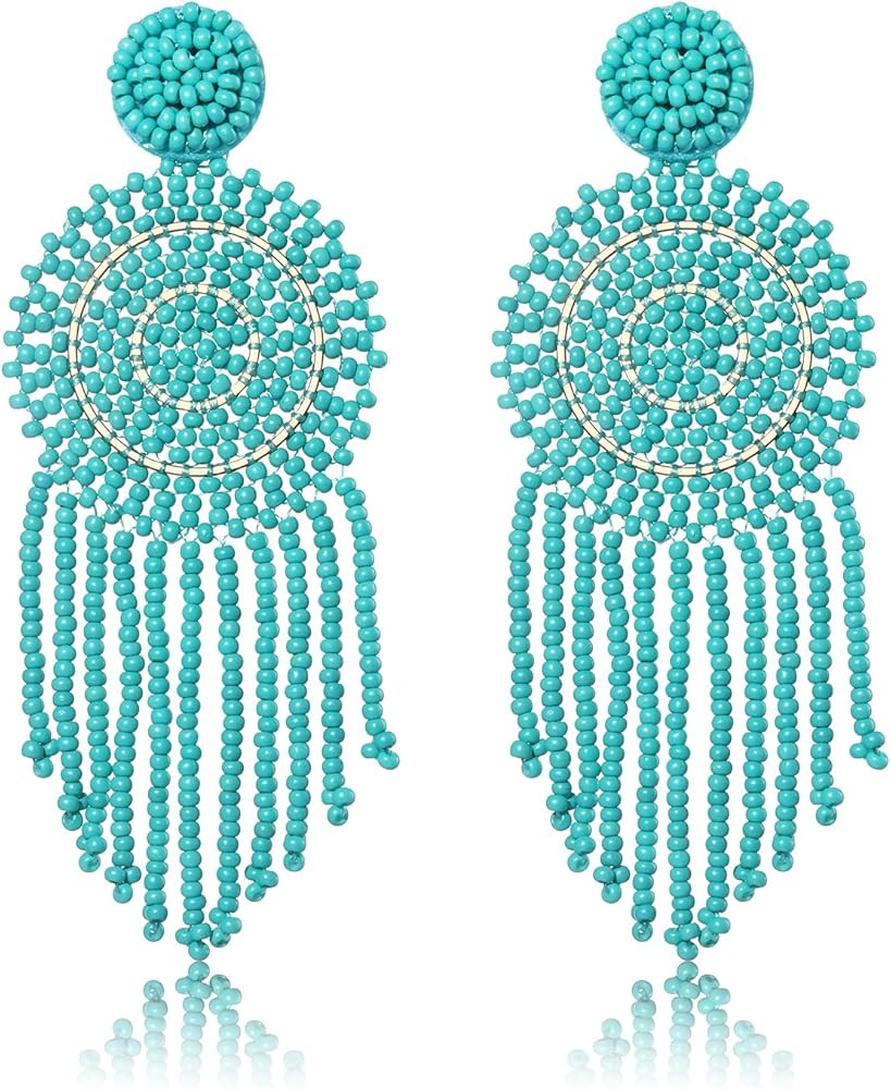 Beaded Earrings for Women, Long Beaded Tassel Earrings Bohemia Beaded Drop Earrings Statement Sum... | Amazon (US)