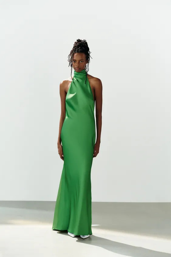 Long dress in satin fabric. High halter neck with adjustable tie and off-the-shoulder design. Bac... | Zara US