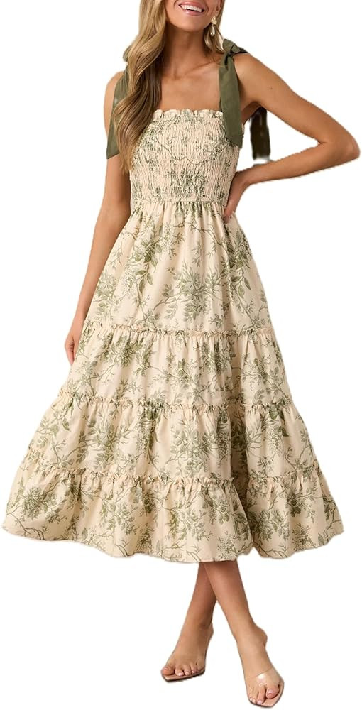 Women Y2k Floral Smocked Maxi Dress Bow Tie Shoulder Tiered Ruffle Midi Sun Dress Boho Casual Bea... | Amazon (US)