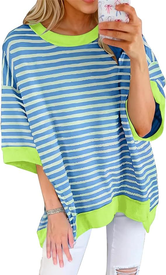 MISSACTIVER Women Oversized Striped Color Block Tees Half Sleeves High Low Drop Shoulder Casual S... | Amazon (US)