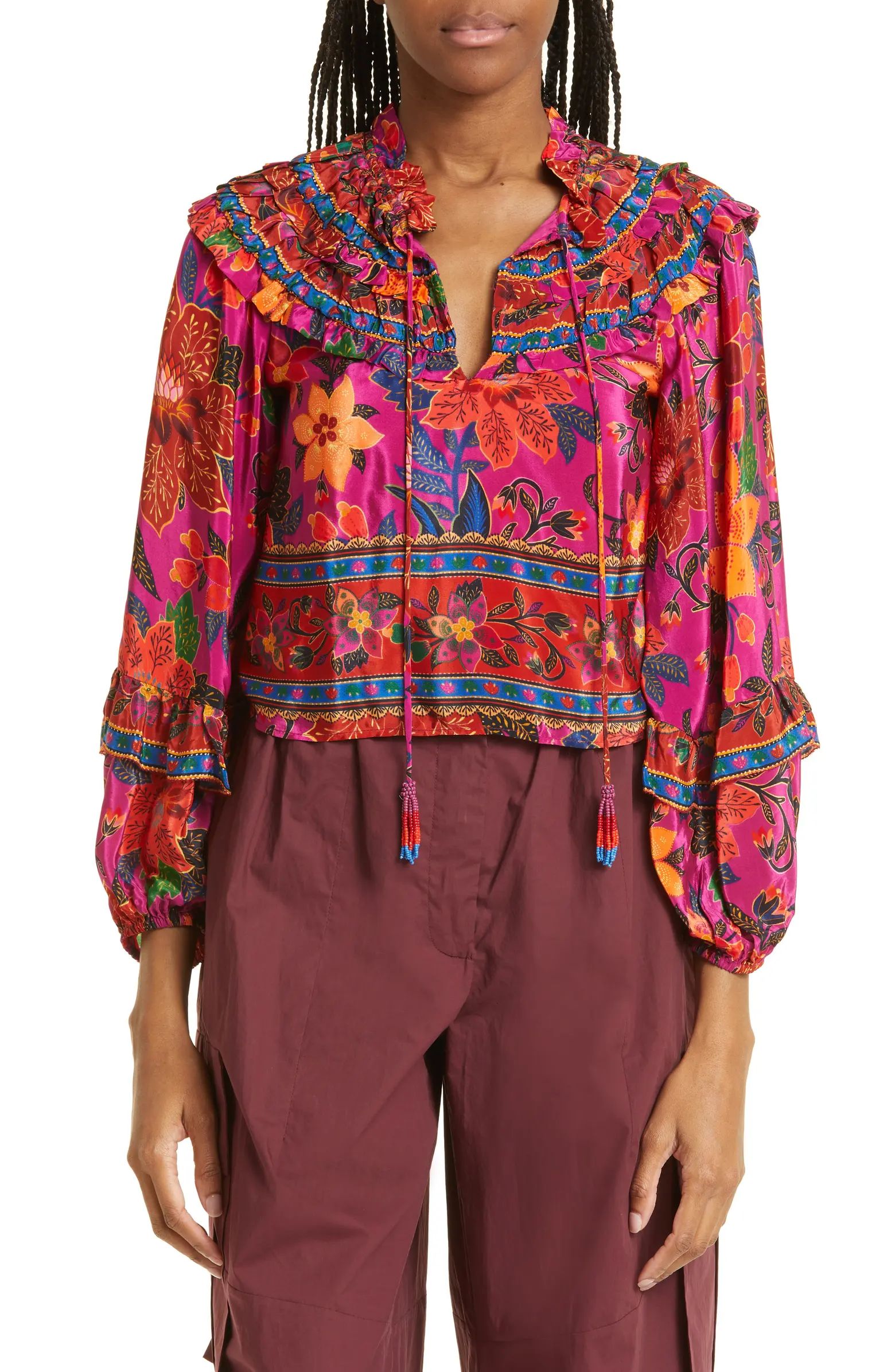 Tropical Tapestry Long Sleeve Ruffle Top | Nordstrom