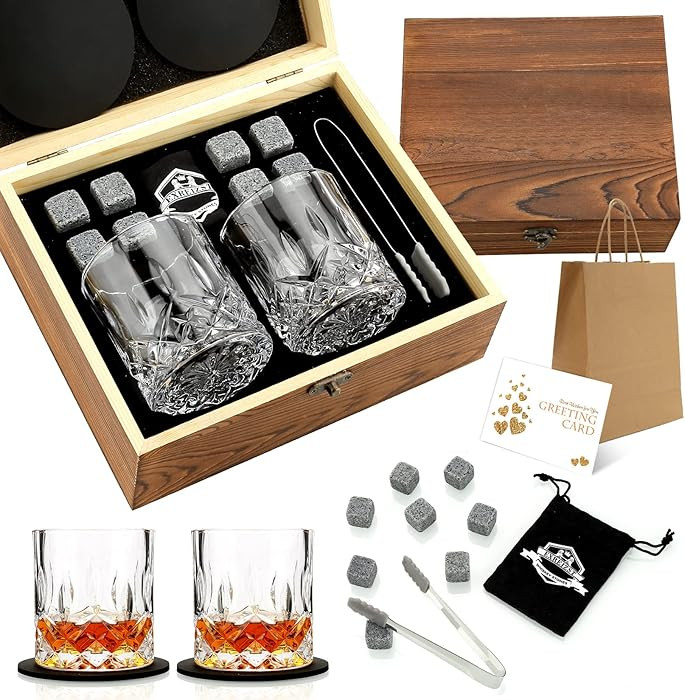 Whiskey Gifts for Men - Whiskey Stones and Glasses Gift Set - Granite Chilling Stones Whiskey Roc... | Amazon (US)