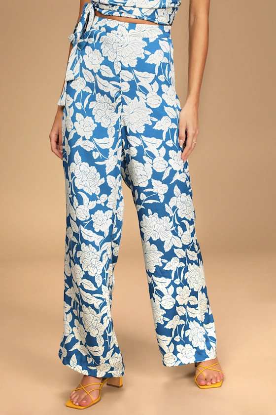 Capri Cutie Blue Floral Print Satin Wide-Leg High-Waisted Pants | Lulus (US)