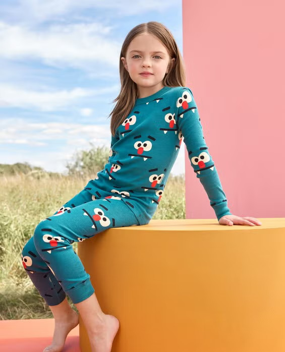 Boys' Monster Face On Atlantic Blue Kids Halloween Long John Pajama Set in 100% Cotton - Size Little Kids 6-7 by Hanna Andersson - Boys' | Hanna Andersson