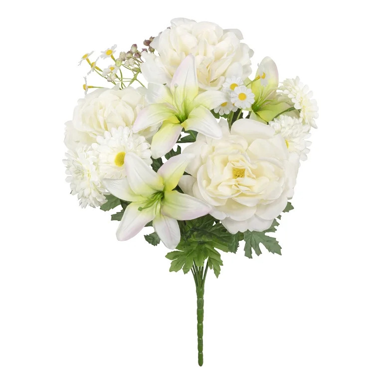 18-inch Artificial Silk White Roses & Lily Mixed Summer Bouquet, for Indoor Use, by Mainstays | Walmart (US)