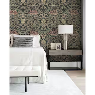 NextWall 30.75 sq. ft. Charcoal and Rosewood Acanthus Floral Vinyl Peel and Stick Wallpaper Roll ... | The Home Depot