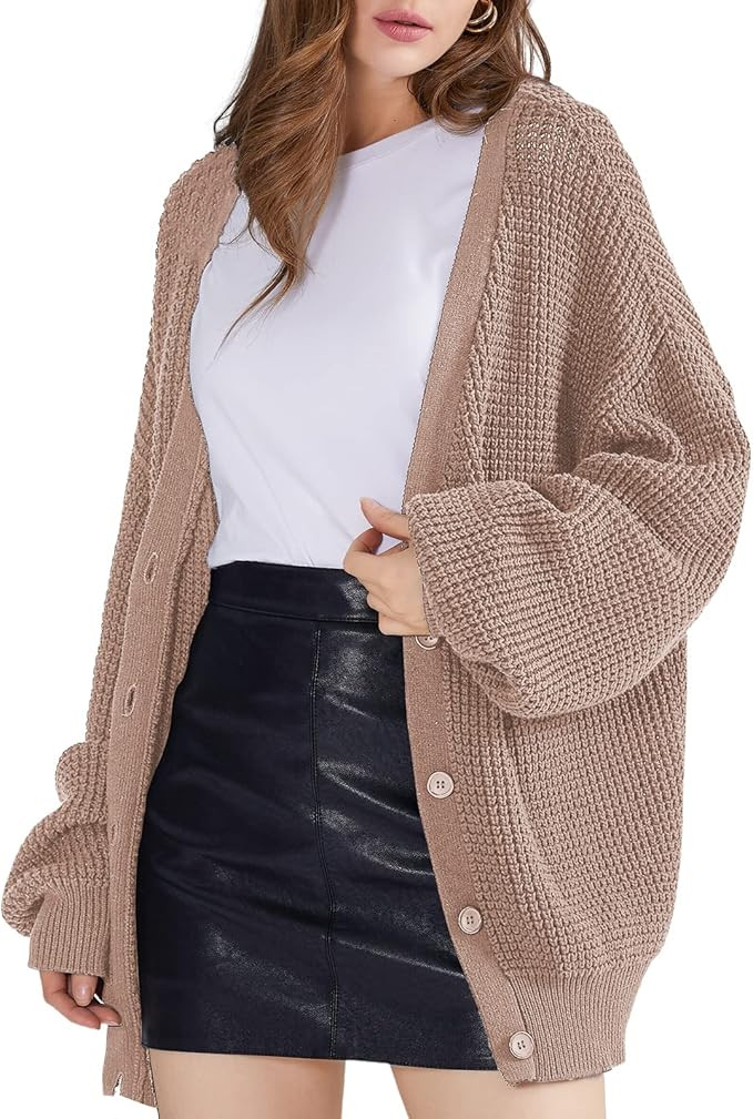 QUALFORT Women's Cardigan Sweater 100% Cotton Button-Down Long Sleeve Oversized Knit Cardigans | Amazon (US)