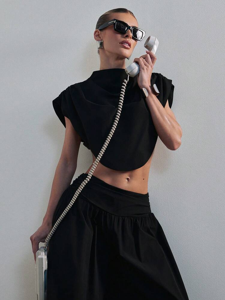 Hauture Women's Draped Shoulder Impact High Neck Crop Top Office Wear | SHEIN