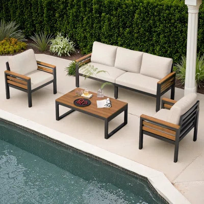 4-Piece Outdoor Furniture Sofa Set For 5 People With Acacia Wood Armrests, Patio Conversation Set With Removable Cushion And Solid Wood Coffee Table F | Wayfair North America