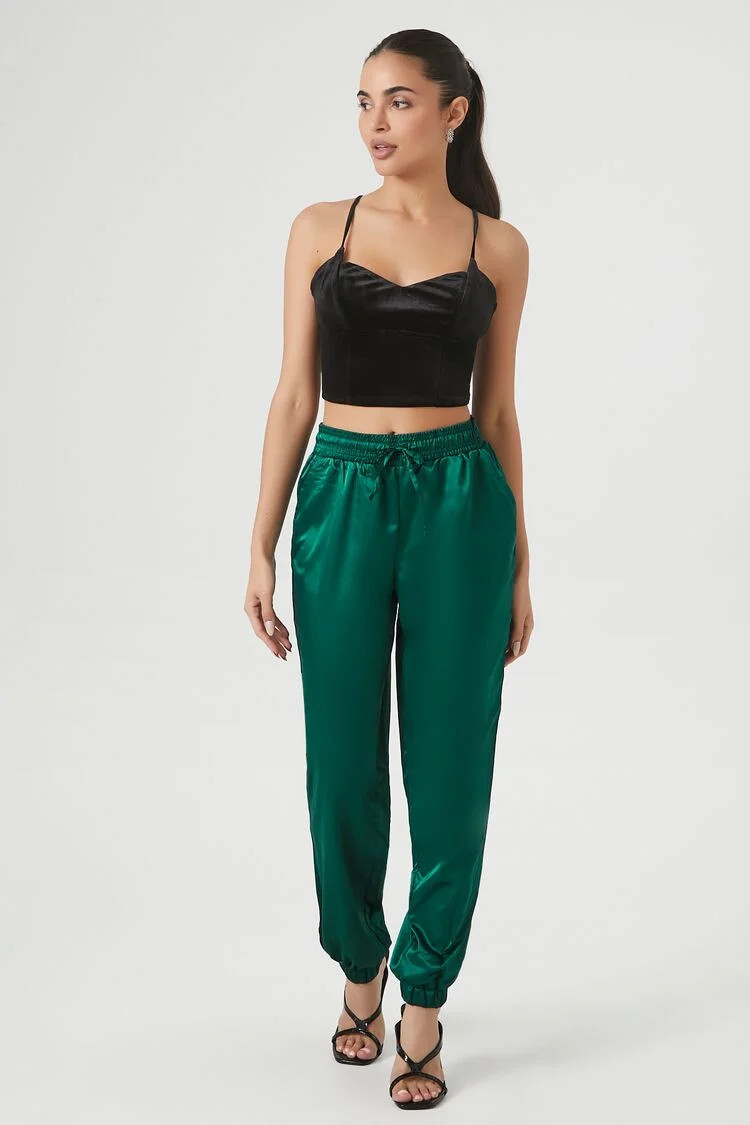 Women's Satin Drawstring Joggers in Hunter Green Medium | Forever 21