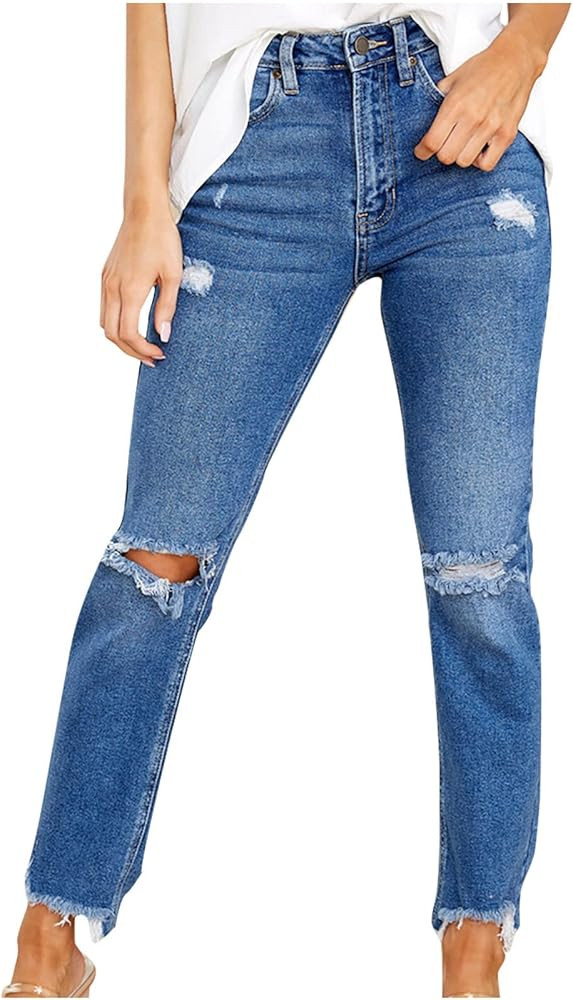 SMIDOW Women Drawstring Elastic Waist Ripped Jeans Folded Hem Distressed Jeans Tapered Jeans Boot... | Amazon (US)