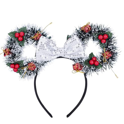 VISSTREE Christmas Mouse Ear Headband Bow - Christmas Bell Red Santa Claus Mouse Ear Led Light Costume Headband | Amazon (US)