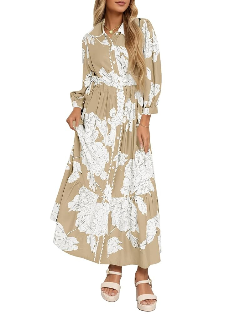 Wenrine Womens Maxi Shirt Dress Casual Floral Collared 3/4 Long Sleeve Drawstring Waist Fall Butt... | Amazon (US)