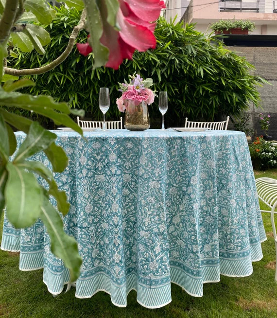 Turquoise Blue Round Table Cloth Hand Block Print Table | Etsy | Etsy (US)