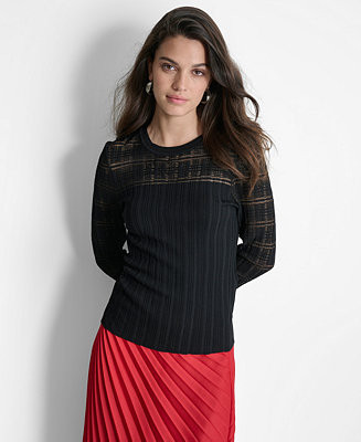 DKNY Women's Round-Neck Plaid-Trim Long-Sleeve Sweater - Macy's | Macy's