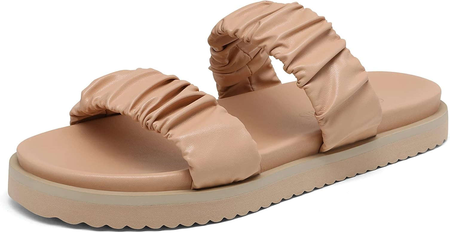 DREAM PAIRS Women's Slide Sandals Slip on Open Toe Cute Two Straps Flat Sandals for Summer | Amazon (US)