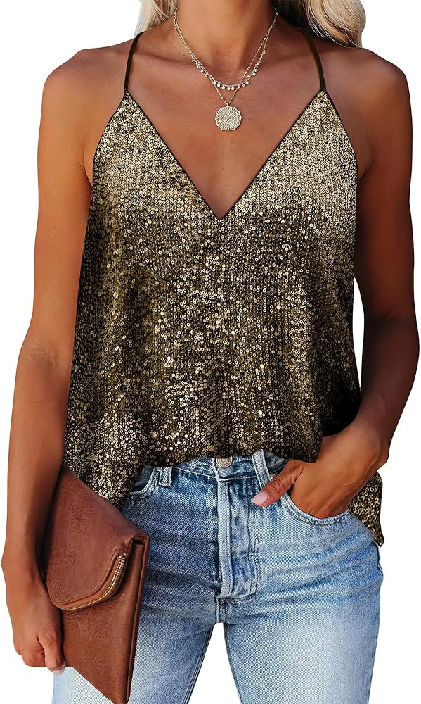 ANRABESS Women Sequin Tank Tops Sparkle Glitter Shirts Summer Sleeveless V Neck Shimmer Sexy Part... | Amazon (US)