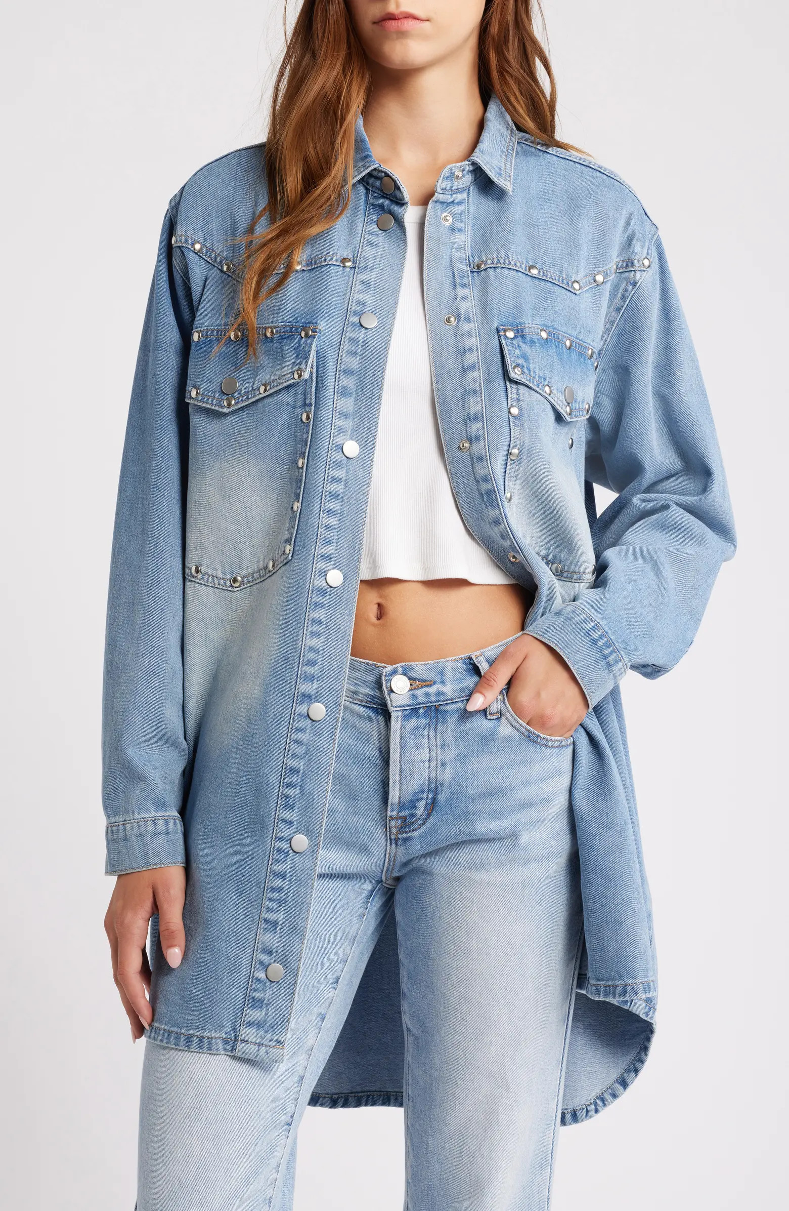 Studded Oversize Western Denim Button-Up Shirt | Nordstrom