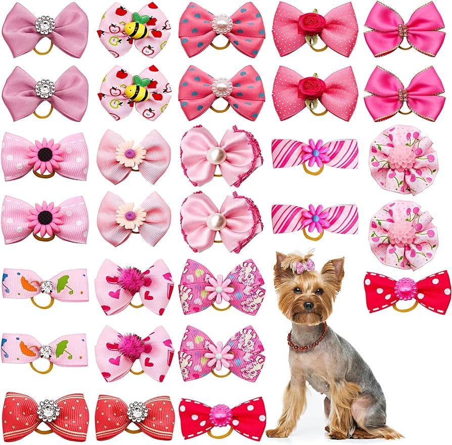 30PCS/15PAIRS Pink Dog Hair Bows with Rubber Bands Puppy Hair Bowknot Top Knot Elastic Radom Patt... | Amazon (US)