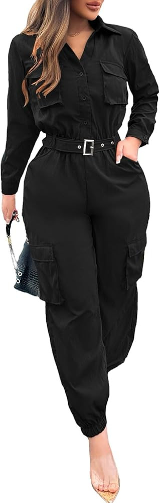 Jumpsuits for Women Long Sleeve Wide Leg Jumpsuit Casual Rompers With Pockets | Amazon (US)