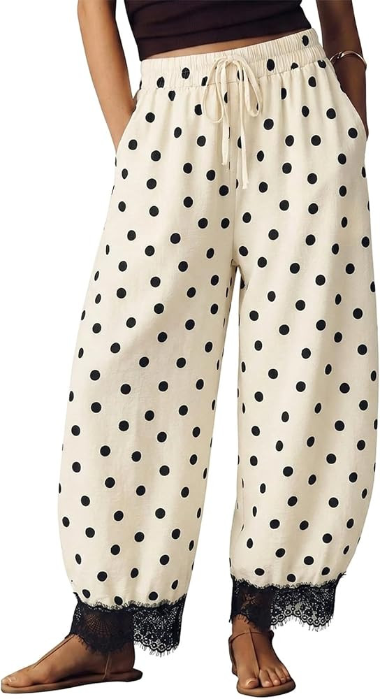 EXLURA Women Cotton Lace Trim Wide Leg Pants Summer Casual Cropped Drawstring Elastic Waist Light... | Amazon (US)