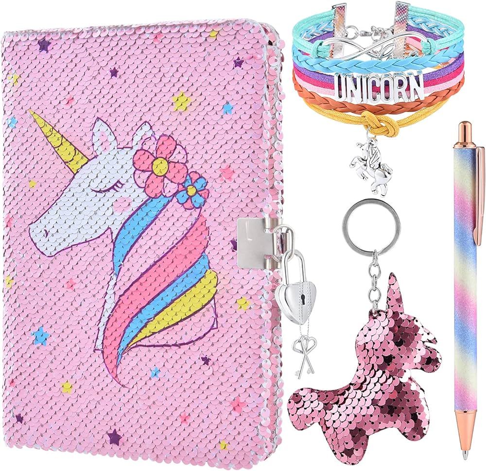 WERNNSAI Sequins Unicorn Journal Set for Girls - Unicorn Kids Diary with Lock Notebook Journal Bi... | Amazon (US)