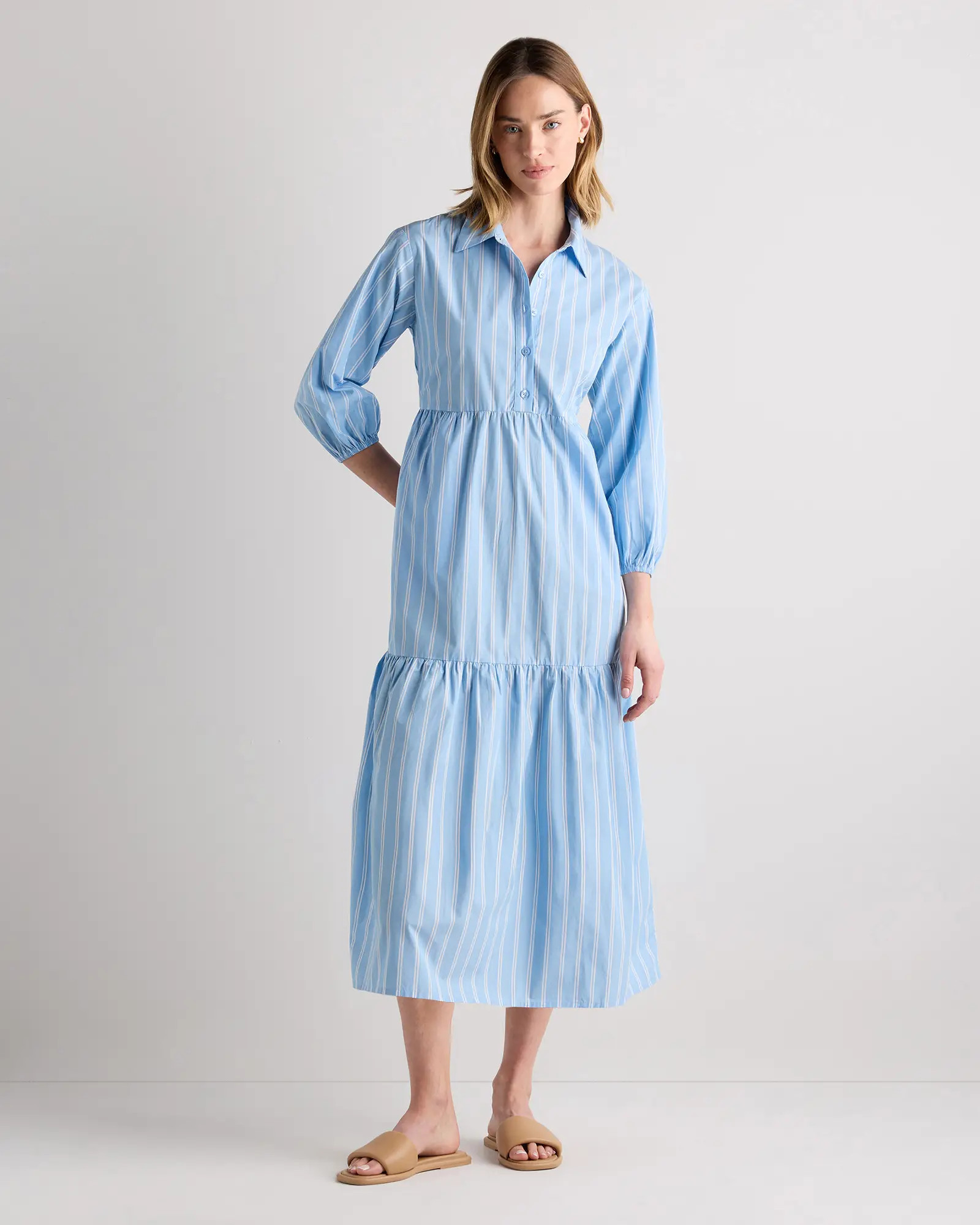 100% Organic Cotton Midi Tunic Dress in Delta Blue Double Stripe | Quince