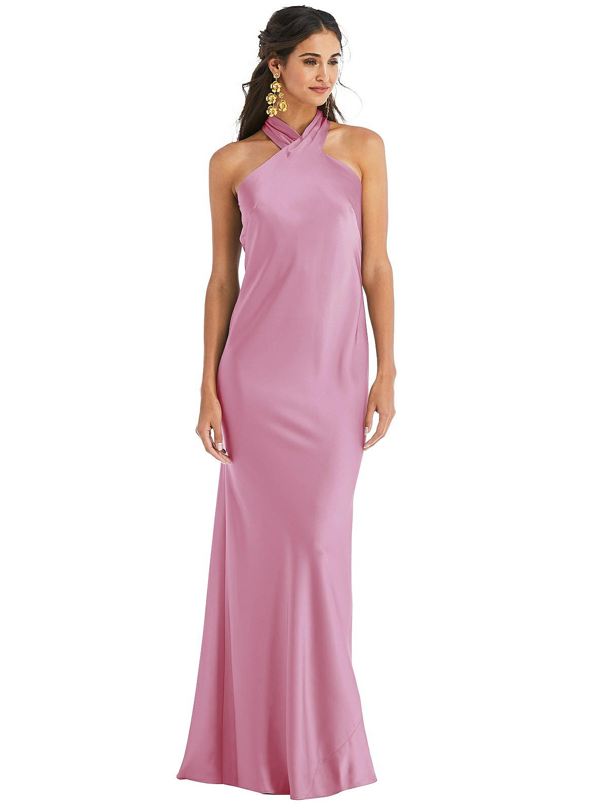 Draped Twist Halter Tie-Back Trumpet Gown in Powder Pink | The Dessy Group