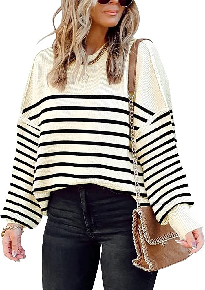 ETCYY Oversized Sweaters for Women Fall 2023 Trendy Crewneck Batwing Long Sleeve Knit Tops Side Slit | Amazon (US)