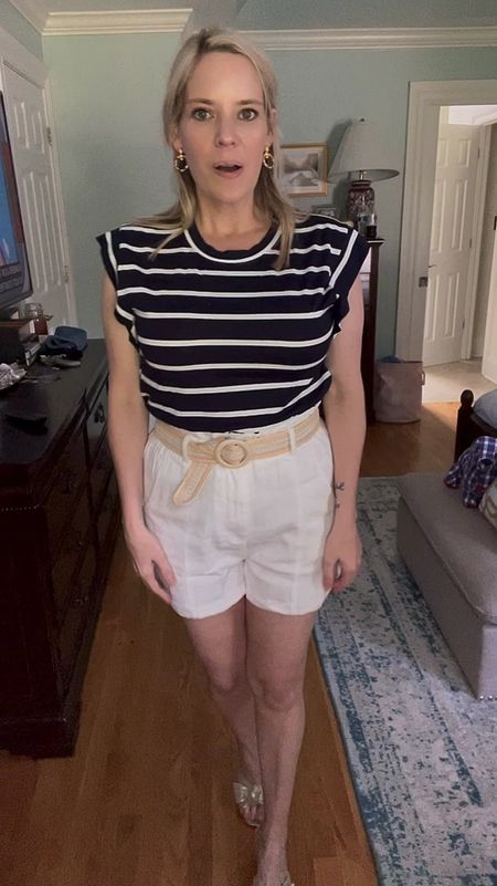 Classic outfit, preppy outfit, mom outfit, shorts for moms, striped t-shirt, gold sandals, gold earrings, bamboo earrings, grandmillennial jewelry, chinoiserie jewelry 

#LTKOver40 #LTKFindsUnder50 #LTKVideo