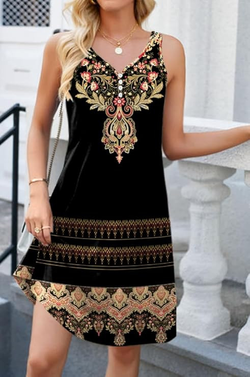 Floral Printed Summer Dresses A-Line Elegant Dress Womens Vintage Sleeveless Beach Sundress | Amazon (US)
