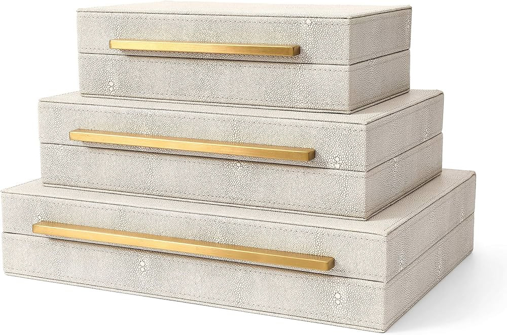 Kingflux Faux Ivory Shagreen Leather Set of 3 Pcs Decorative Boxes, Storage Boxes Jewelry Organiz... | Amazon (US)